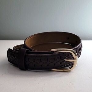 Talbots Brown Leather Woven Braided Belt with Gold Buckle - Small